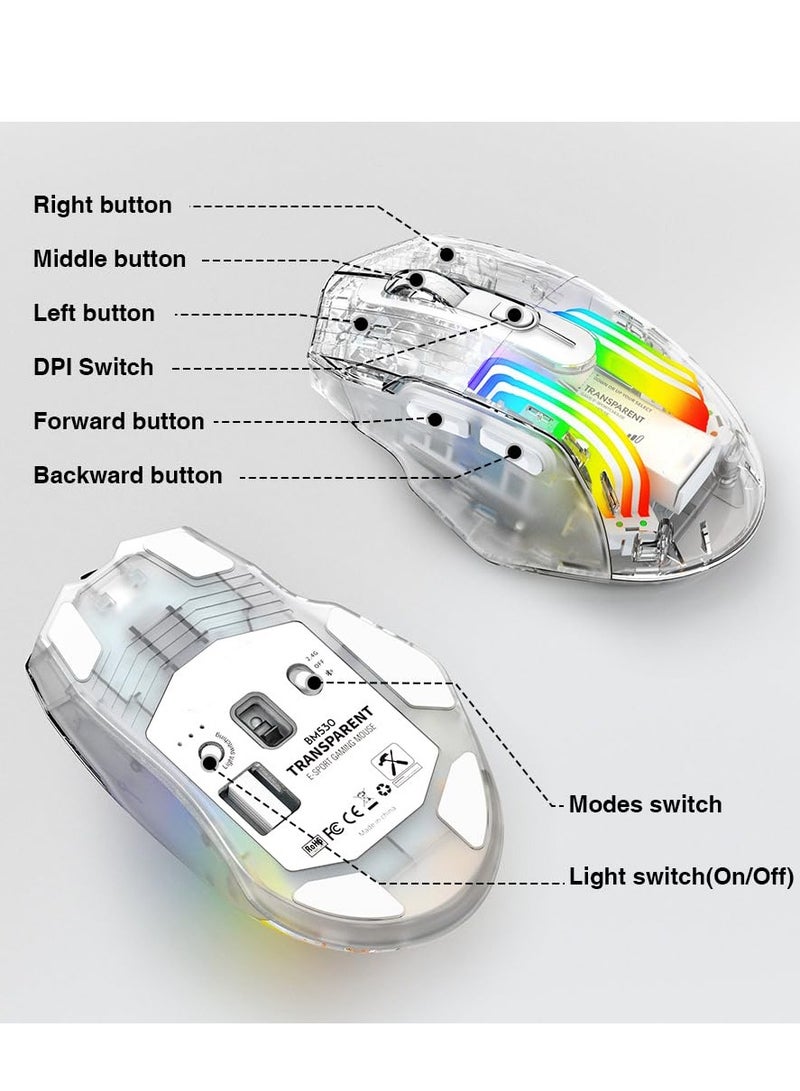 Wireless Gaming Mouse with Transparent Back Shell Tri-Mode 2.4G USB-C Bluetooth Silent Mouse with 5 DPI Levels 6 ons 11 Colorful RGB Lights Ergonomic Mouse for Laptop PC Mac Transparent - Image 4